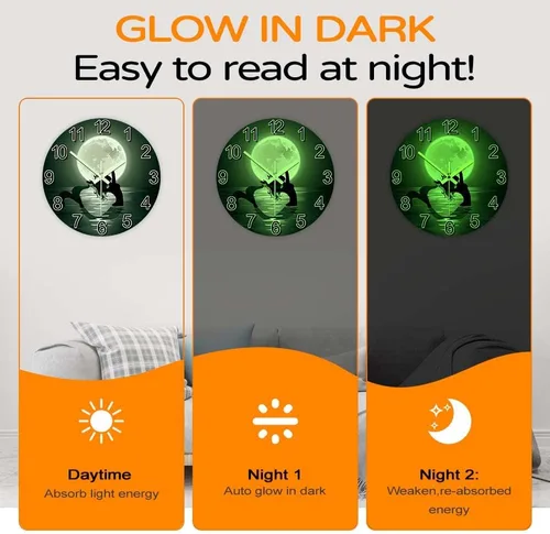 Vista 6 de The Geeky Days Reloj colgante de sirena con luna llena que brilla en la oscuridad, funciona con pilas, de cuarzo silencioso luminoso de 12 pulgadas