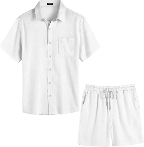 Vista 3 de COOFANDY Men 2 Piece Linen Set Casual Short Sleeve Shirt and Short Beach Set