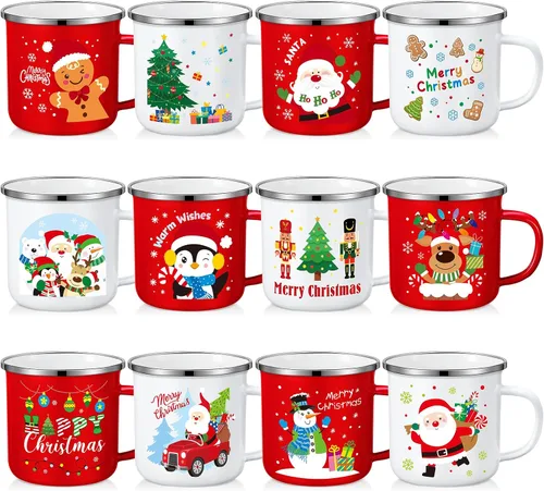 Vista 8 de Zhehao 9 tazas de Navidad de 11 onzas, tazas de chocolate caliente de temporada, lindas tazas de té esmaltadas rojas y blancas para café, cacao