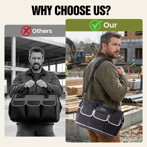 Vista 7 de Bolsa de herramientas de boca ancha de 17 pulgadas con parte inferior suave impermeable, organizador de bolsa de herramientas con múltiples