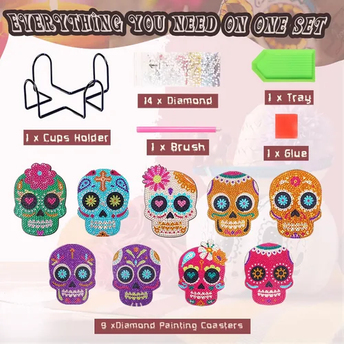 Vista 2 de TAVOLOZZA 9 posavasos de pintura de diamante, juego de posavasos de arte de diamante, posavasos de pintura de diamante para principiantes y niños