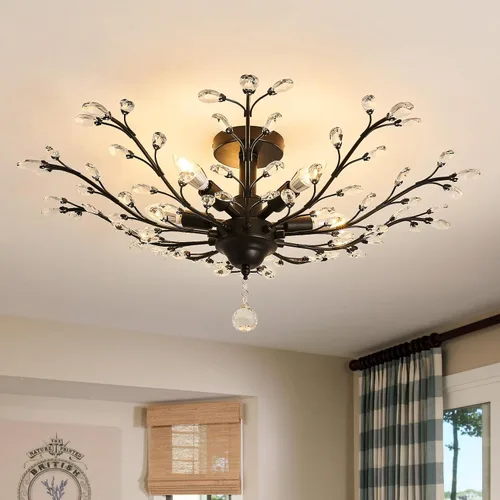 Vista 12 de CVKASH Candelabro de Cristal de Rama de 3 Luces Pequeño Montaje al Ras Colgante Vintage Iluminación Colgante Estilo Granja Accesorio de Luz
