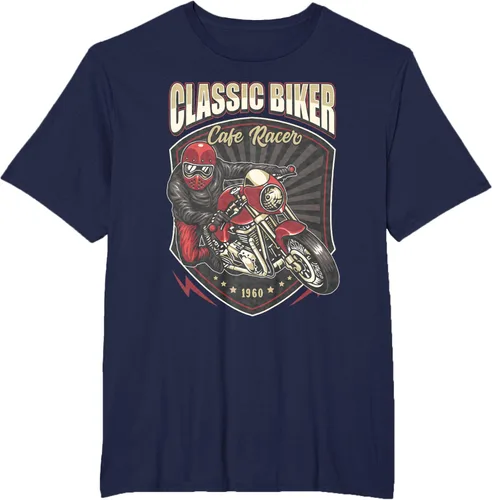 Vista 59 de Camiseta de motocicleta clásica Biker Cafe Racer para hombre, Negro, S