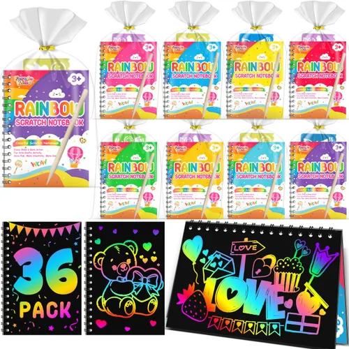 Vista 21 de Recuerdos de fiesta para niños: paquete de 4 cuadernos de arte de rascar arcoíris para estudiantes, regalos a granel para aula para niñas y niños