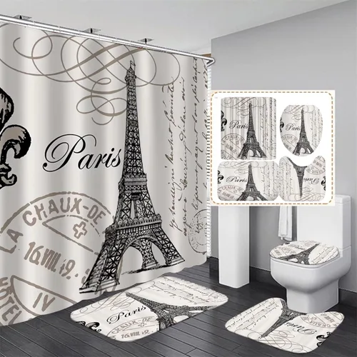 Vista 12 de Chrainy Juego de 4 cortinas de ducha de la torre Eiffel de París, botella de perfume, flores, negro, decoración de baño con 12 ganchos Waterproof