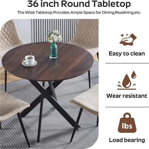 Vista 8 de Juego de mesa de comedor de madera para 2, mesa de cocina redonda de 36 pulgadas con 2 sillas de comedor Boucle, mesa de MDF con patas de metal