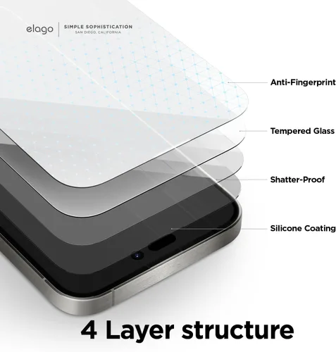 Vista 2 de elago 2 protectores de pantalla de vidrio templado compatibles con iPhone 15 Pro Max, dureza de superficie 9H, antihuellas, a prueba de roturas
