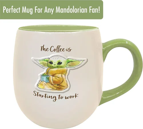 Vista 2 de ICUP Star Wars Mandalorian Grogu Starting To Work The Coffee Is Embossed Taza de cerámica de 14 onzas