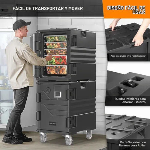 Vista 5 de ROVSUN Caja Calentadora de Alimentos, Porta Comida Aislada con Ruedas Bloqueables Dobles Hebilla y Asas, Cajas Calientes Apilables para Restaurante