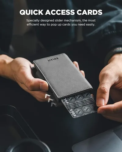 Vista 2 de VULKIT Cartera para tarjetas con soporte para AirTag y ventana de identificación, cartera de cuero desplegable con bloqueo RFID, cierre magnético