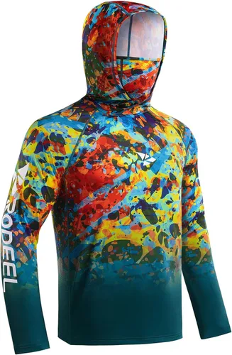 Vista 7 de Rodeel - Camisa de pesca para hombre con manga larga, UPF 50+, rendimiento de alto rendimiento para senderismo, con máscara, protección UV