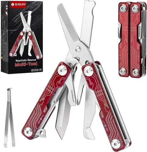 Vista 9 de BIBURY Mini Llavero Multiherramienta Tijeras BI2061R, 9 en 1 Multiherramienta EDC Tijeras con Destornillador, Abrebotellas, Cuchillo de Bolsillo