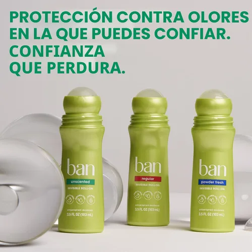 Vista 8 de Desodorante antitranspirante roll-on sin perfume, original de Ban (3.50 onzas), paquete de de 4 24-Hour Sweat and Odor Protection, No White