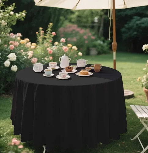 Vista 6 de SietDESEO Paquete de 2 manteles redondos de plástico de 84 x 84 pulgadas, impermeables, color negro, desechables para bodas, cumpleaños, baby Mantel