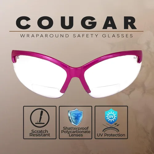 Vista 2 de Global Vision Gafas Cougar Bifocal Gafas De Seguridad De Las Mujeres Rosa Oscuro Marco De Nylon Lentes Transparentes