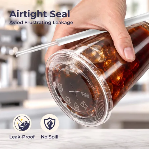Vista 3 de Fit Meal Prep Paquete de 100 Vasos de Plástico para Café Helado de 16 oz con Tapas Planas y Pajitas Transparentes, Vaso Transparente Desechable
