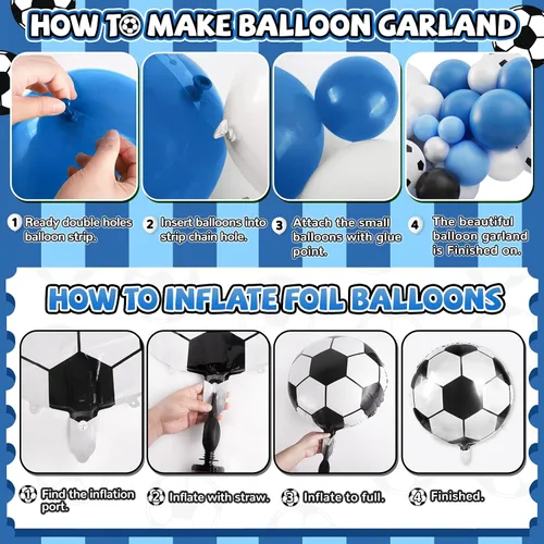 Vista 7 de Kit de arco de guirnalda de globos de fútbol, 103 globos de 18, 12, 10 y 5 pulgadas, globos de copa de fútbol azul y blanco con globos de papel