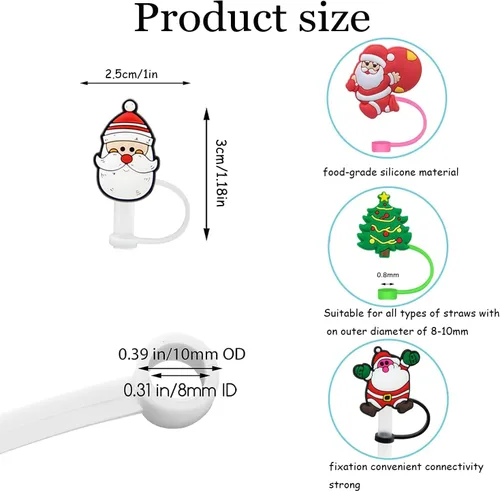 Vista 2 de 12 fundas de popote para copa Stanley, cubierta de paja de silicona de Navidad, compatible con vaso Stanley de 30 y 40 onzas, lindo árbol de Navidad