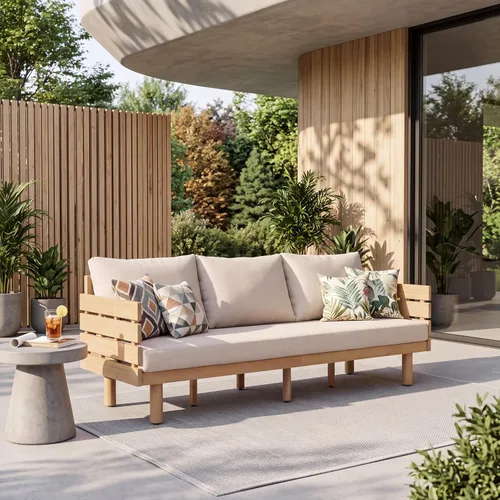 Vista 5 de Christopher Knight Home Levi - Sofá de 3 plazas de madera de acacia para exteriores con cojines, moderno sofá de patio de madera maciza de mediados