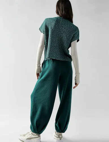 Vista 4 de Auciho Women's Sweater Sets Two Piece Outfits Knit Lounge Set Pullover Tops Harem Pants Matching Clothes Set