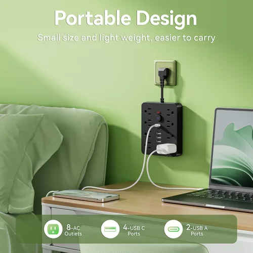 Vista 6 de Regleta de alimentación con protector de sobretensiones - Chiefway Enchufe de pared con múltiples tomas y 8 salidas de CA, 6 puertos USB (2 USB C)