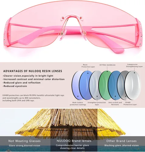 Vista 5 de NULOOQ Gafas de sol envolventes Y2K para mujeres y hombres, gafas de sol futuristas sexys sin marco, escudo de estrellas planas