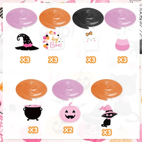 Vista 4 de Remolinos colgantes para fiesta de Halloween, lindo caldero de bruja fantasma, calabaza, boo, serpentina colgante de techo para Little Boo Happy Boo