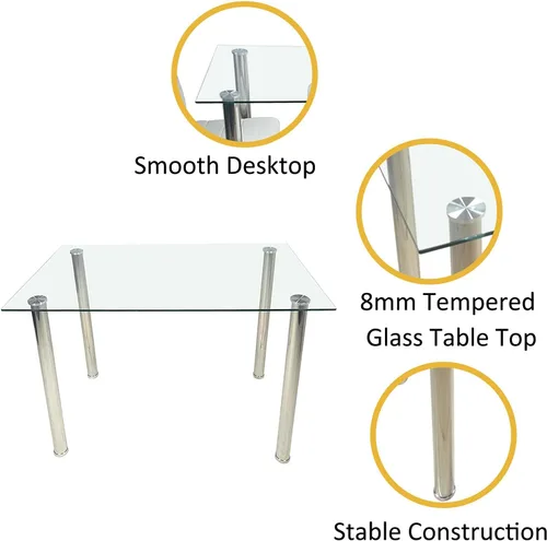 Vista 5 de Juego de mesa de comedor, 5 piezas con moderna mesa superior de vidrio templado y silla de piel sintética, muebles de comedor para el hogar, cocina