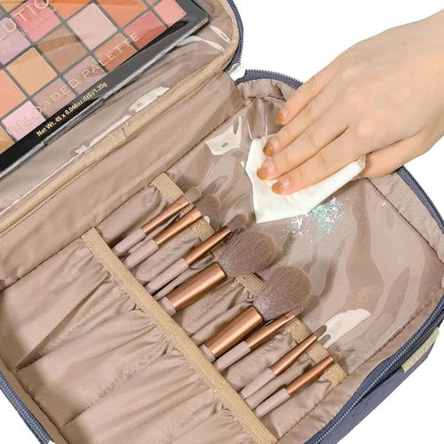 Vista 4 de NISHEL Bolsa de Maquillaje de Viaje Grande de Doble Capa para Mujeres, Estuche Cosmético, Organizador para Accesorios de Tamaño de Viaje, Botellas