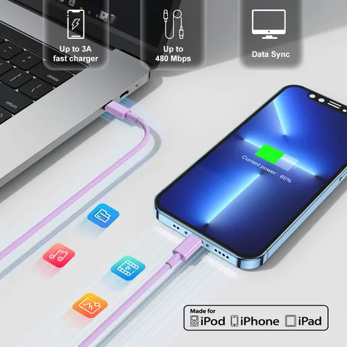 Vista 7 de Fashia Cargador rápido para iPhone, cable Lightning de carga rápida de 10 pies, para iPhone 14, 13, 12 Pro Max, carga rápida con bloque de cargador