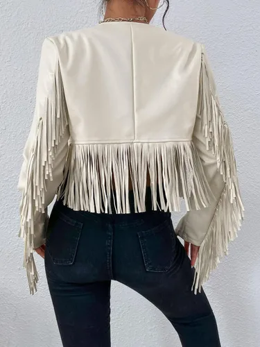 Vista 2 de WDIRARA Chaqueta corta de piel sintética con cremallera y cuello redondo y manga larga para mujer
