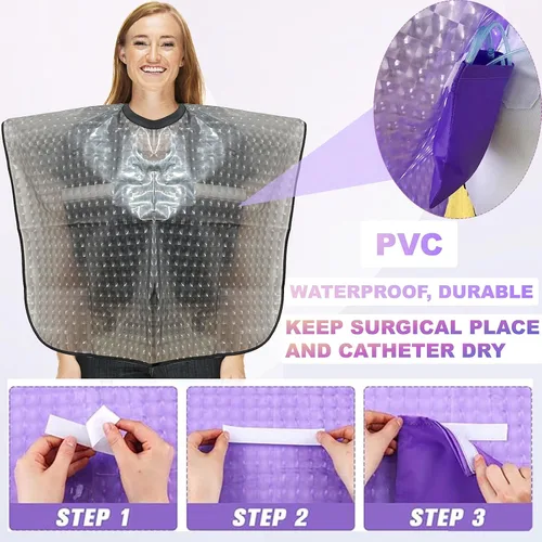 Vista 3 de Capa de ducha impermeable poscirugía para mastectomía con bolsillos de drenaje, mantiene las heridas secas durante el baño
