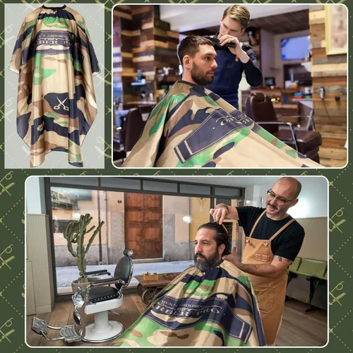 Vista 7 de FEBSNOW Capa de Barbero Impermeable Profesional para Corte de Cabello Cepillo Quitapelusas de Cuello para Corte de Pelo Verde Militar Salón Barba