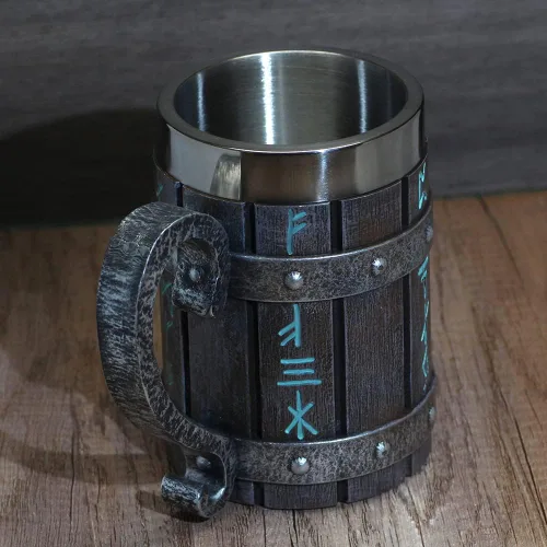 Vista 3 de GuoShuang Decoración nórdica de acero inoxidable de madera viking café fresco taza viking regalo para hombres taza de cerveza stein