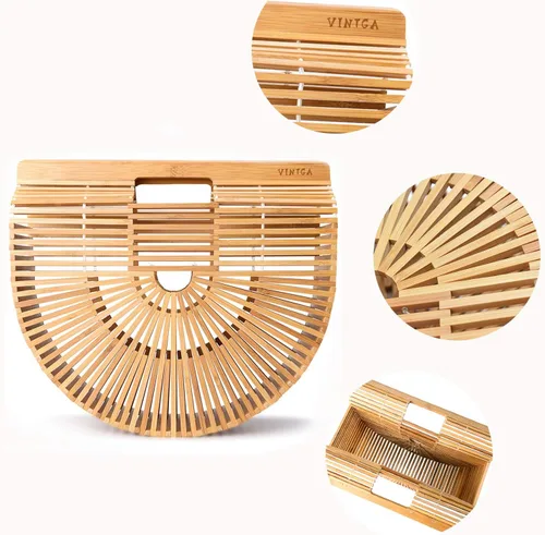Vista 2 de Bolsas de bambú para mujer, bolsas de paja de verano, bolsos de playa de madera, cesta con asa