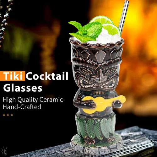 Vista 4 de SuproBarware Tiki - Juego de tazas de cóctel de 10.1 fl oz, coloridas tazas de cóctel de cerámica, decoración hawaiana para fiestas exóticas