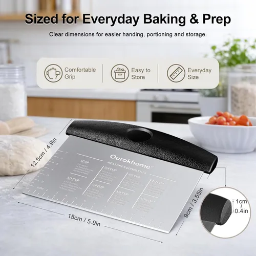 Vista 2 de Ourokhome Cortador de banco de pastelería de masa, cortador de pizza de acero inoxidable para hornear cocina, apto para lavavajillas, escala