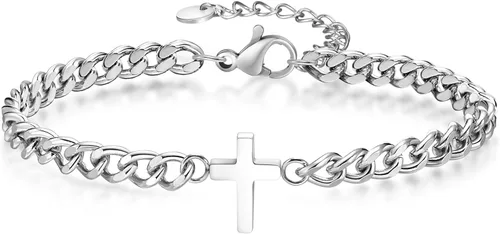 Vista 7 de Pulseras de cadena cruz para hombres y mujeres, pulseras de encantos de cruz de acero inoxidable plateado/negro para hombres, joyería de fe