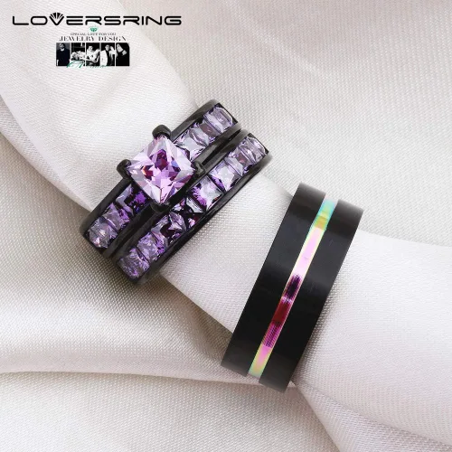 Vista 6 de LOVERSRING Juego de anillos de novia para mujer, chapado en oro negro con circonita cúbica para hombre, carburo de tungsteno, anillo de boda