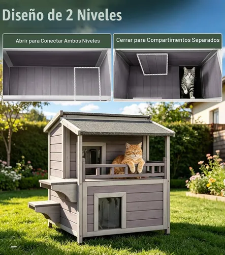 Vista 4 de GUTINNEEN Casa de Gatos al Aire Libre Resistente al Agua, Refugio para Gatos Ferales con Balcón, Refugio de Madera para Gatos Impermeable