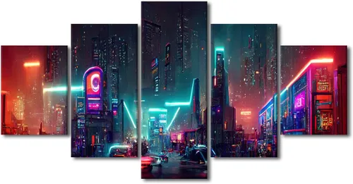Vista 73 de Póster de 5 paneles en lienzo para decoración de pared, diseño de centro urbano Cyberpunk, impresión moderna, decoración de pared para el hogar