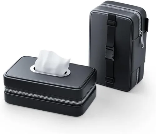 Vista 6 de Soporte para pañuelos de coche, caja de servilletas de tejido de cuero PU, caja de reposabrazos de automóvil, organizador rectangular de servilleta