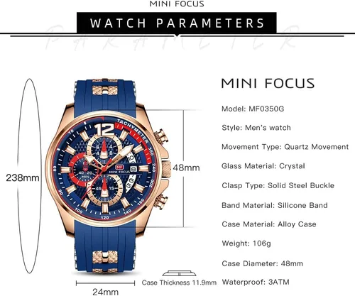 Vista 6 de MF MINI FOCUS Men Watch Casual Fashion Wrist Watches (Chronograph/Waterproof/Luminous/Calendar) Silicon Band Quartz Watches for Men (Black2)
