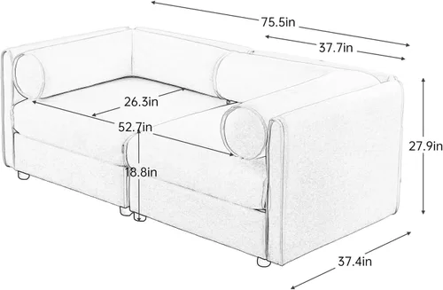 Vista 2 de Sofá biplaza azul de 75.5 pulgadas, sofás seccionales grandes de 2 plazas para sala de estar, sofá modular de tela de felpilla, juego de sofás