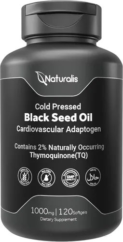 Vista 6 de Naturalis Aceite de semilla negra prensado en frío 1000 mg 2% de timoquinona natural (TQ) para cabello, piel, uñas y apoyo cardiovascular Sin
