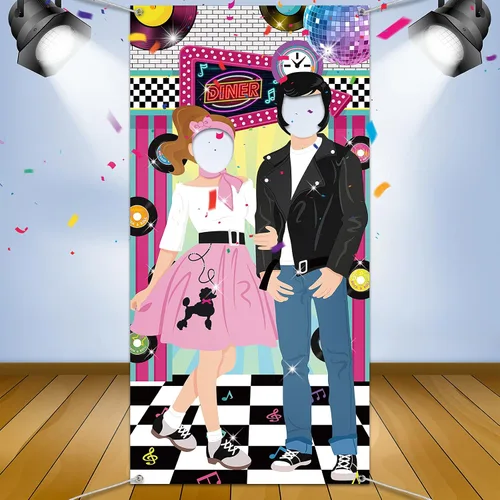 Vista 4 de Irenare Decoraciones de fiesta de los años 50 para fiestas, telón de fondo grande de los años 50, fondo de cartel de rock and roll de los años 50