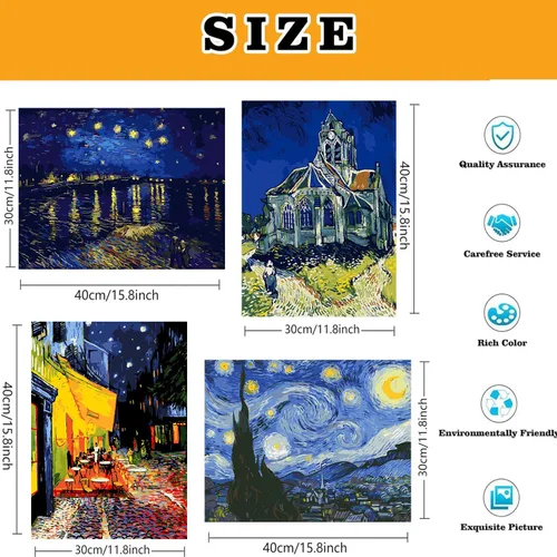 Vista 4 de VeGuude Pintura por números para adultos y niños principiantes, paquete de 6 kits de pintura por números de «La noche estrellada» de Van Gogh