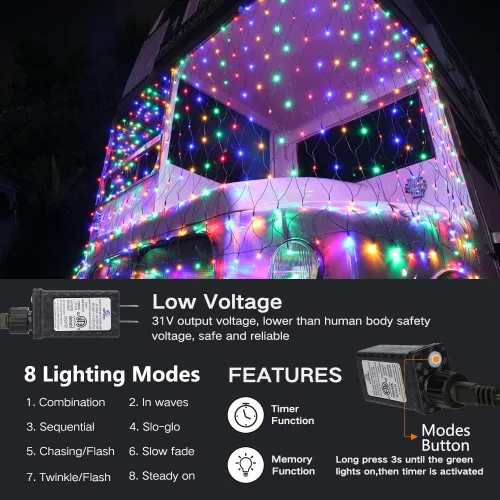 Vista 2 de 360 luces LED de red de Navidad de 12 x 5 pies, 8 modos impermeables con temporizador, luces de malla conectables de bajo voltaje para árboles