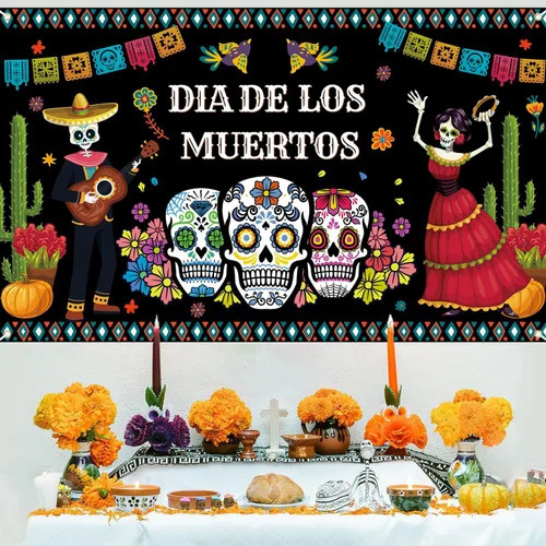 Vista 5 de Decoraciones del Día de los Muertos, telón de fondo de pancarta del día de los muertos, fondo de fotografía de flores de calavera de azúcar