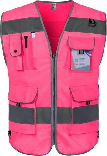 Vista 10 de TCCFCCT Chaleco de seguridad reflectante de alta visibilidad con 9 bolsillos para hombres y mujeres, chaleco de construcción Hi Vis con tiras